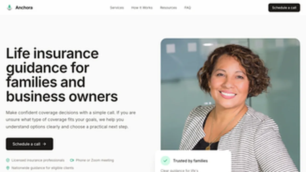Anchora Insurance homepage screenshot – education-first life insurance website