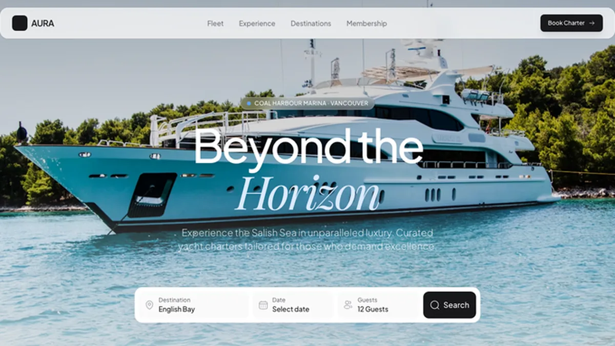 AURA homepage screenshot – premium yacht charters in Vancouver
