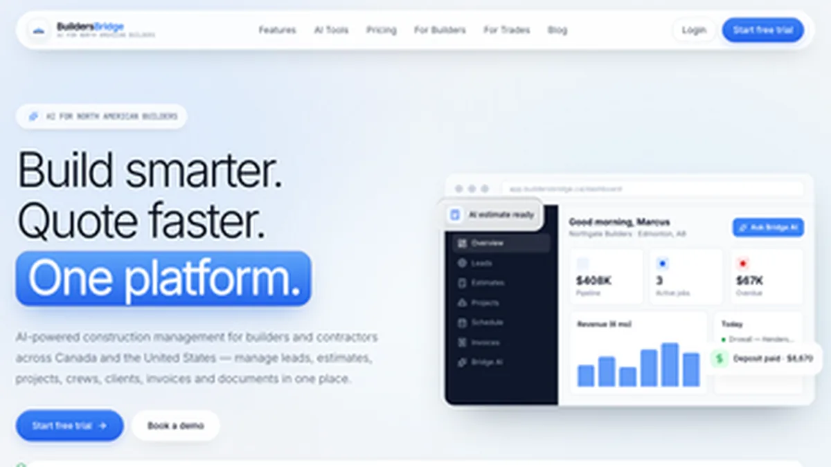 BuildersBridge homepage screenshot – AI construction management for builders and contractors