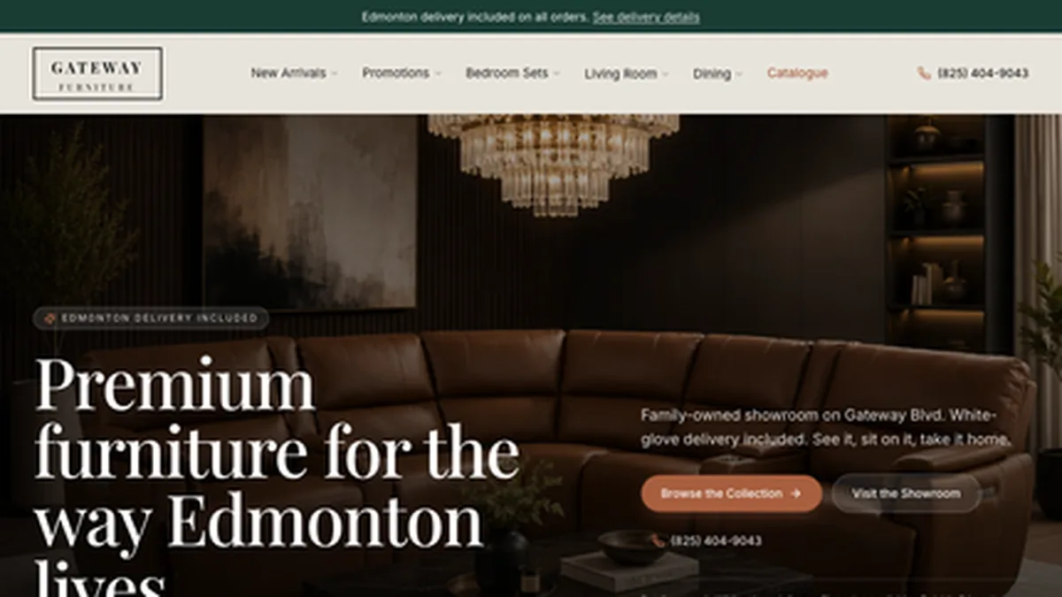 Gateway Furniture homepage screenshot – premium Edmonton furniture store
