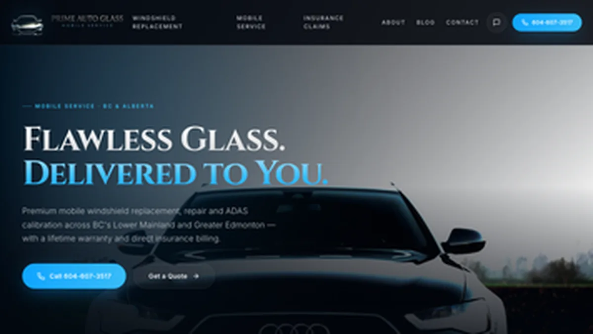 Prime Auto Glass homepage screenshot – mobile windshield replacement in BC and Alberta