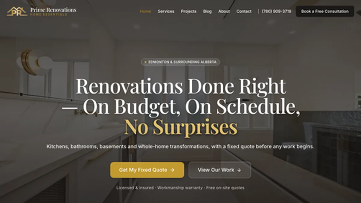 Prime Renovations homepage screenshot – Edmonton renovation company website