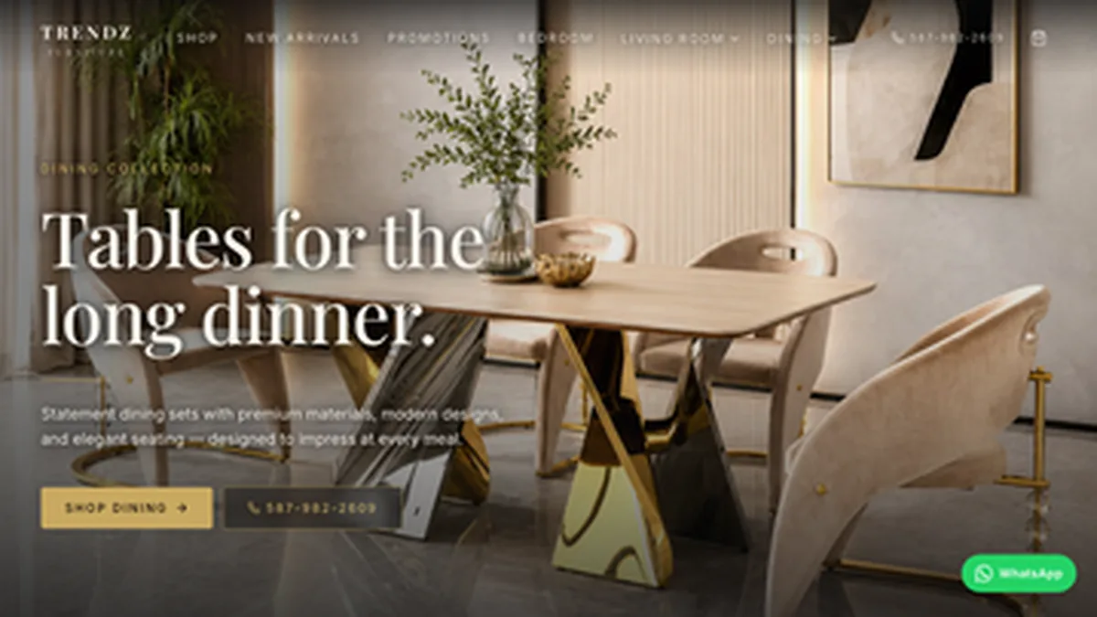 Trendz Furniture homepage screenshot – premium Edmonton furniture store